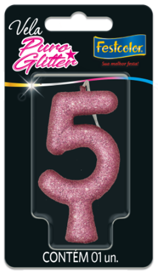 Imagem de VELA PURO GLITTER ROSA N°5 - 01 UNIDADE